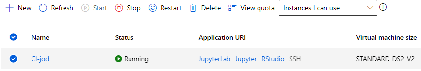 + New CD 
Refresh 
Sta rt 
@ Stop 
Status 
O Running 
Resta rt 
Delete 
View quota 
Instances I can use 
e 
Name 
Cl-jod 
Application URI 
JupyterLab Jupyter 
RStudio 
SSH 
Virtual machine size 
STANDARD DS2 V2 