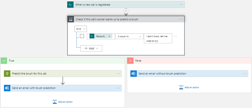 When new cat is registered 
Check it this Cit's owner wants us to predict brush 
And v 
+ Add 
predict the brush for this et 
Send an email with brush prediction 
don't 
to try! 
False 
Send an email wit—cut brush prediction 